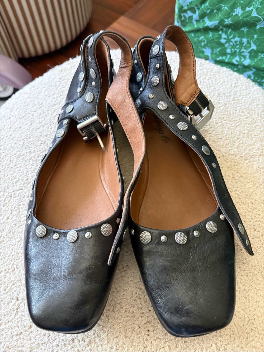 Free People Studded Black Leather Ankle-Strap Flats - Picture 2 of 5